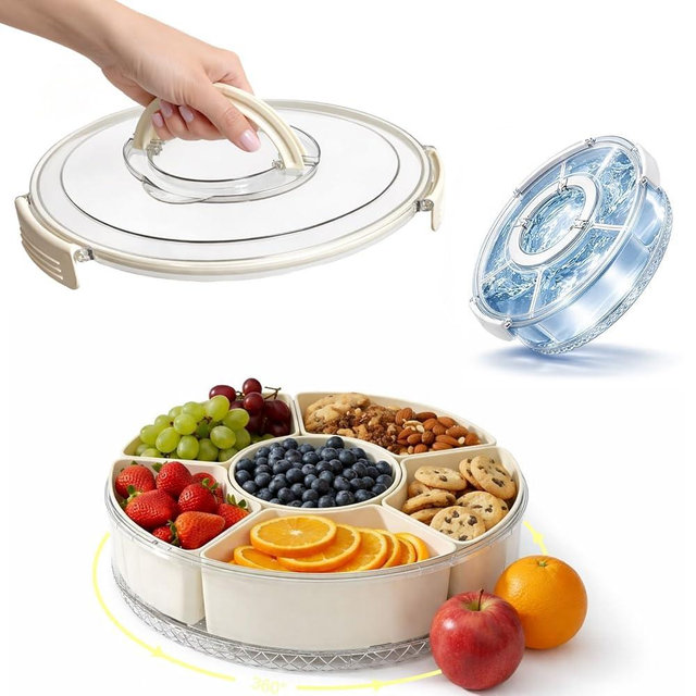 SFSUNYQ Vegetable Serving Tray with Lid and Handle, 12-Inch Rotating Fruit Tray with 5 Divided Sections & Center Bowl, Round Veggie Tray Container for Family Snacks, Parties & Movie Nights