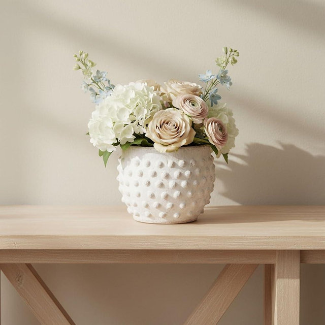 Garden Pottery Flower Pot with Bubble Texture – Decorative Round Terracota Planter for Indoor and Outdoor Plants – Unique Contemporary Accent for Garden, Patio, or Home Decor – 5" White