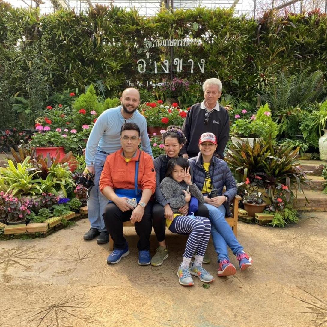 Left to Right: Adam, Pao (Korn's oldest brother in law), Korn, Summer (Korn's niece). Fai (Korn's oldest sister), and Pramoth (Korn's father).