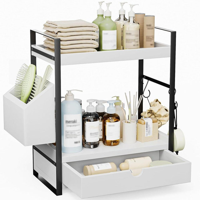 Aollewoiti 2-Tier Bathroom Counter Organizer with Drawer and Basket, Wood Countertop Organizer for Storage, Skincare Organizers for Vanity, Counter Shelf for Bathroom Organization,White