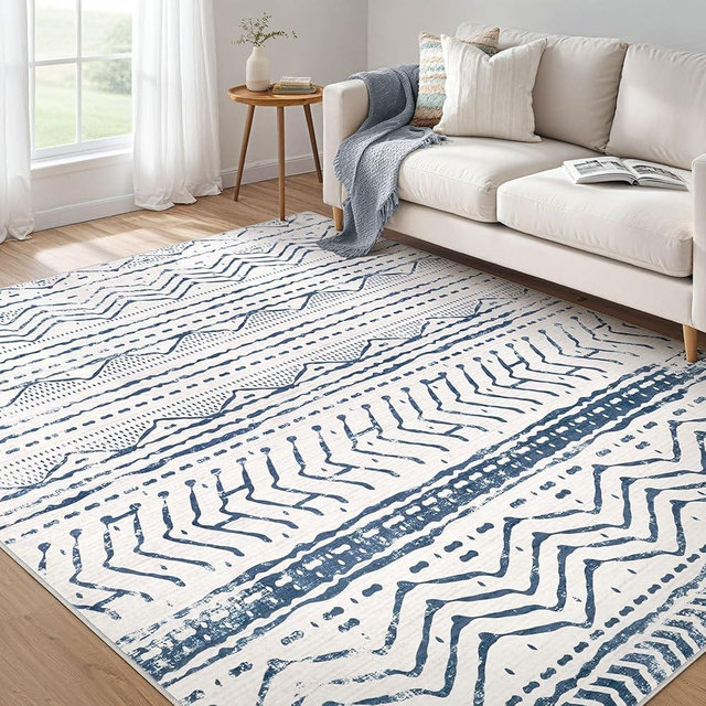 5x7 Area Rug Living Room: Machine Washable Boho Large Neutral Farmhouse Stain Resistant Indoor Floor Rugs Moroccan Carpet for Bedroom Nursery Dorm Classroom Playroom Dining Room Home House- Navy Blue