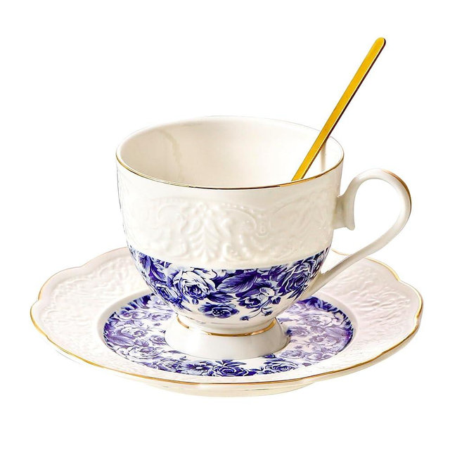TATSUMI Interglio Embossed Bone China Tea Cup and Saucer Set, 3 Pieces Vintage Style Coffee Cup & Saucer Set For Women Wedding Gift (Starry Sky Rose, 1 set)