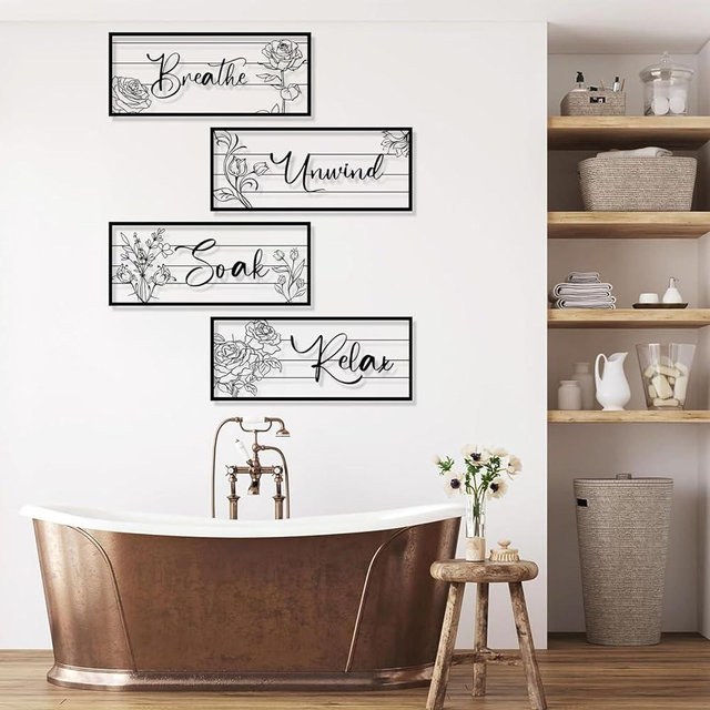 4 Pcs Metal Wall Art, Relax Soak Unwind Breathe Metal Sign, Relax Soak Unwind Breathe Metal Wall Decor, Flowers Wall Decor, Words For Wall Decor, Bathroom Wall Art, Spa Bathroom Decor (Black, 19"x8"|47x20cm)