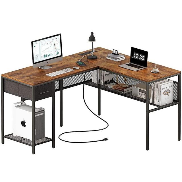 SUPERJARE L Shaped Desk with Power Outlets, Computer Desk with Drawer, Reversible Corner Desk with Grid Storage Bookshelf, Home Office Desk, Rustic Brown