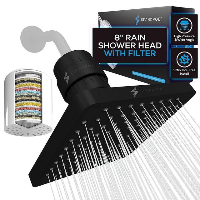 SparkPod Luxury Filtered Shower Head Set 23 Stage Shower Filter - Reduces Chlorine and Heavy Metals - High Pressure Showerhead Filter (8" Square, Midnight Black Matte)