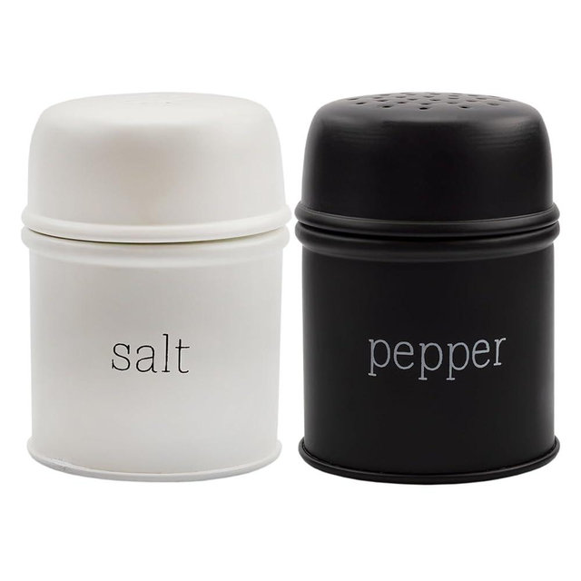 AuldHome Design Salt and Pepper Shaker Set (Matte Black/White); Contemporary Modern Farmhouse Retro Enamel Style Shaker Set