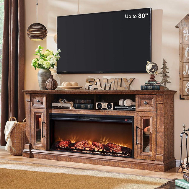 OKD Farmhouse Fireplace TV Stand for 80 Inch TV, Entertainment Center with 42" Fireplace & LED Lights, Modern Media Console Table with Storage Drawers & Cabinets, Reclaimed Barnwood Color