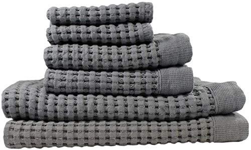 Luxurious 6 Piece Quick Dry Waffle Weave Towel Set For Face, Body & Hands. Premium 100% Natural Cotton No Lint Softest Fabric Fade Resistant. (2 Bath Towels, 2 Hand Towels & 2 Wash Cloths) Slate