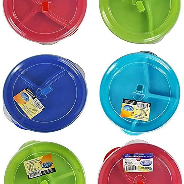 (Set of 6) Microwave Food Storage Tray Containers - 3 Section / Compartment Divided Plates w/ Vented Lid