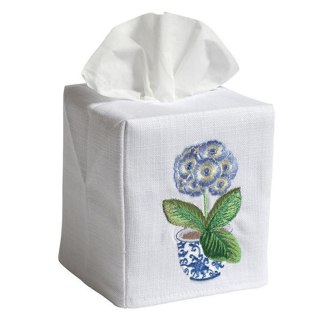 Tissue Box Cover, Linen/Cotton - Potted Primrose, Blue