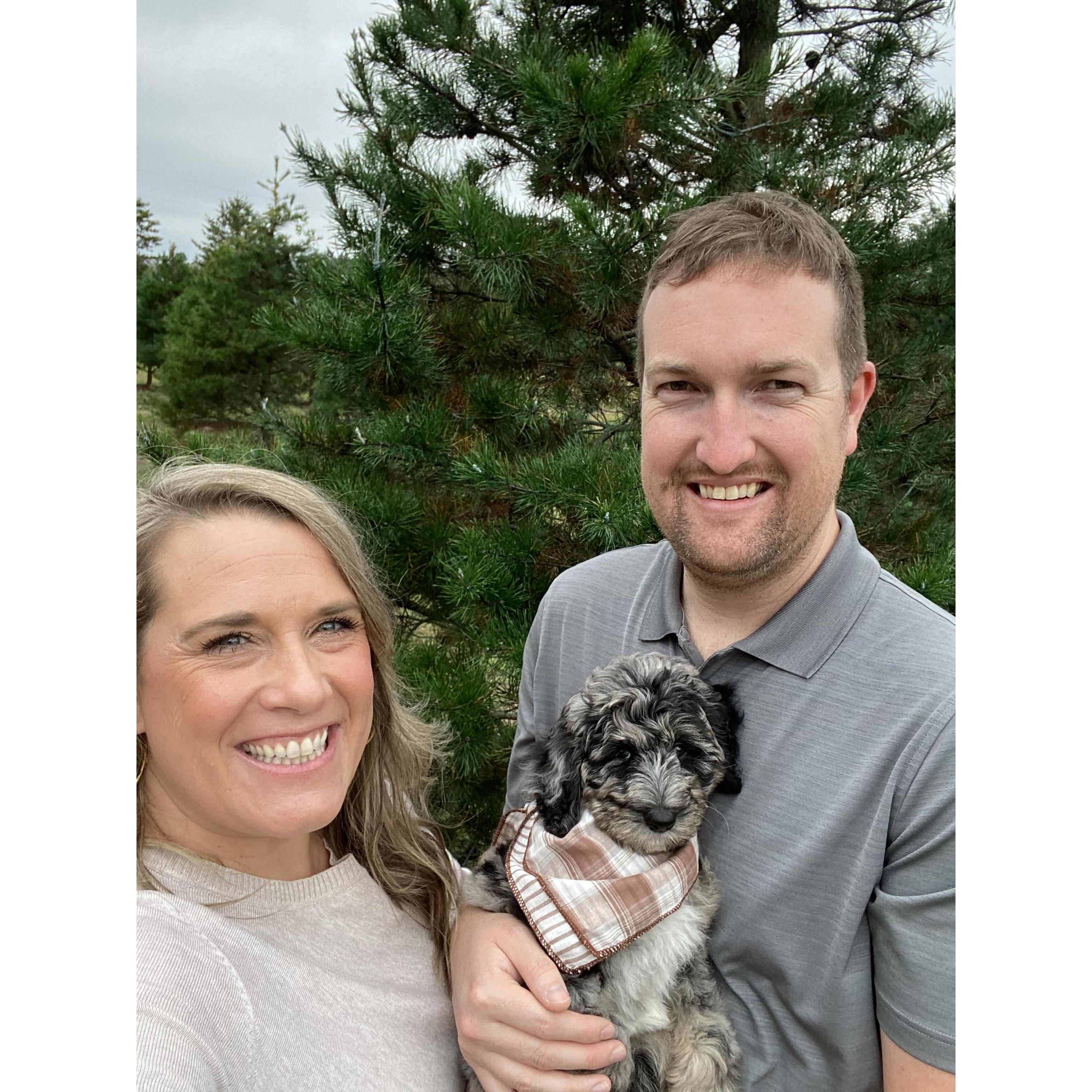 Picking our Christmas Tree last year! Also, our first family photo with Charlie, we just picked her up the week before!