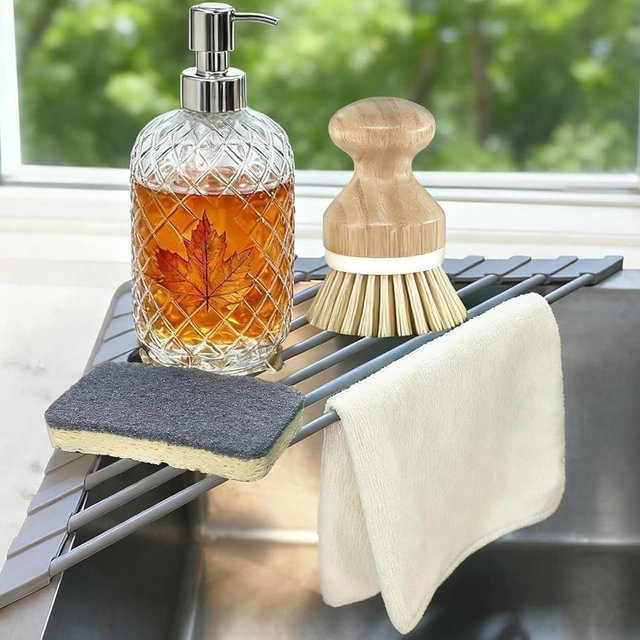 Corner Sink Caddy Kitchen Sink Organizer, Silicone Wrapped Triangle Roll Up Dish Drying Rack Over Sink Drainer Mat, Anti-Slip Sponge Holder Corner Shelf for RV Kitchen Sink Accessories Counter Storage