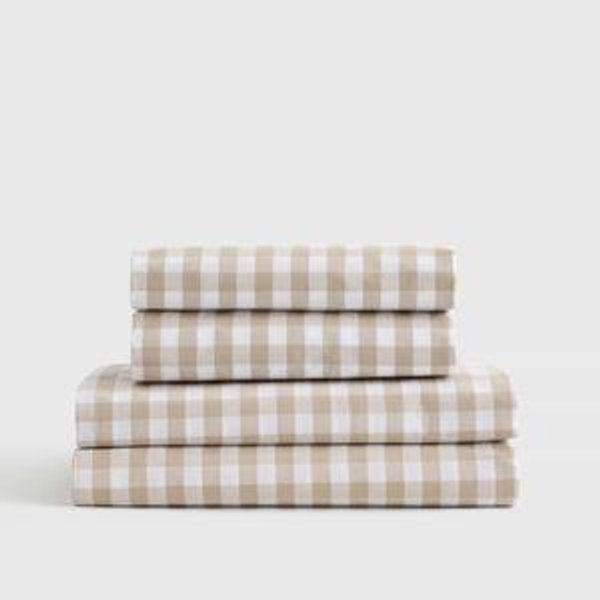 Classic Organic Percale Gingham Sheet Set in Cafe