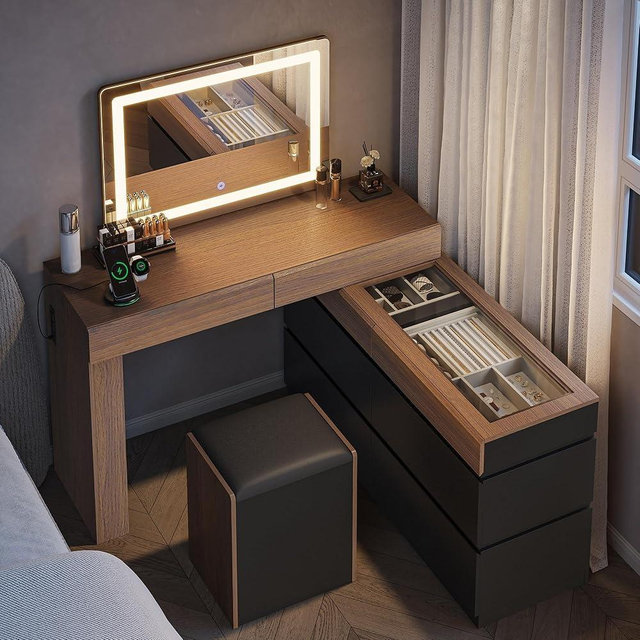 ModernMate Vanity Set with Mirror and Stool and Lights, 3-in-1 Convertible Vanity Desk with Chair, 3 Modes LED, See-Through Jewelry Drawers Built-in Power Outlets 8-Drawer Dressing Table for Bedroom