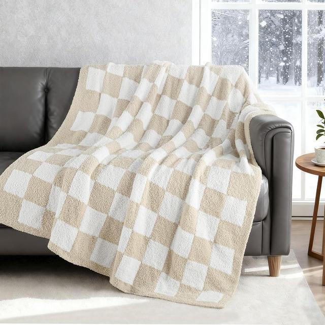 Exclusivo Mezcla Checkered Knit Throw Blanket, Ultra Soft and Warm Reversible Woven Blankets, Cozy Snuggly Throw for Couch Bed and Home Decor, Khaki, 50"x60"