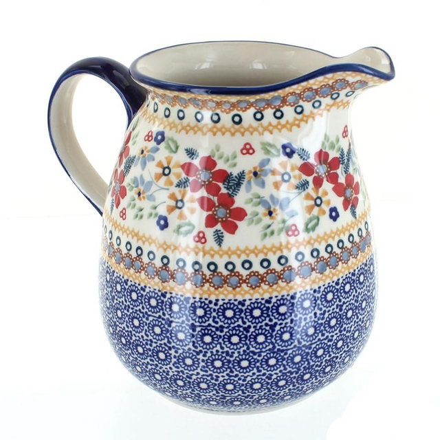 Blue Rose Polish Pottery - Red Daisy Pitcher - 2 QT Capacity - Ceramic Water & Beverage Jug, Perfect for Serving Water, Juice, Lemonade or Iced Tea