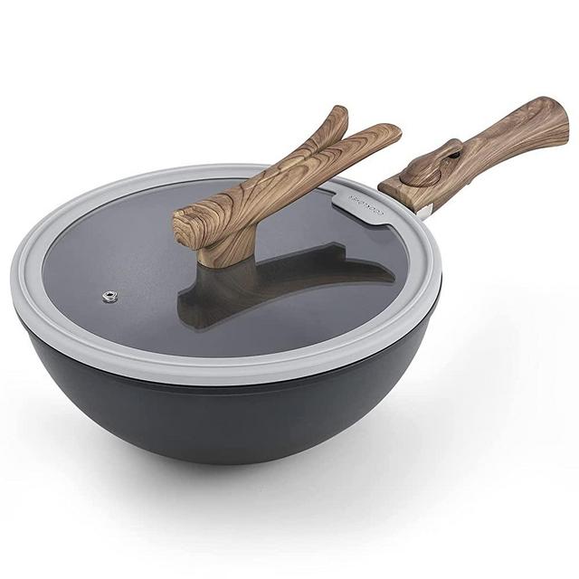 Wok Nonstick Die cast Aluminum Scratch Resistant PFOA Free Induction Woks And Stir Fry Pans with Glass Lid 11 Inch - Slate Grey