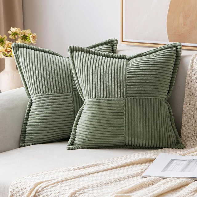 MIULEE Decorative Throw Pillow Covers for Couch Bed Livingroom 18x18 Inch Set of 2 Light Olive Green Boho Accent Throw Pllows Broadside Striped Patchwork Soft Corduroy Summer Pillowcases