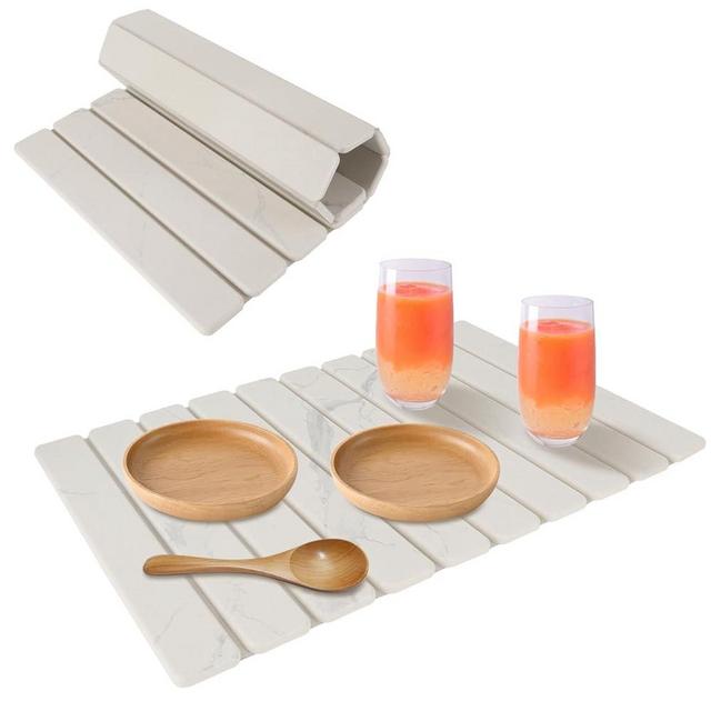 Stone Dish Drying Mats for Kitchen Counter and Sink, Marble-Pattern Printed Collapsible Stone Mat Kitchen, 24×16'' Fast-Absorbing Diatomaceous Earth Mat Can Hold Tableware, Bottles and Cups