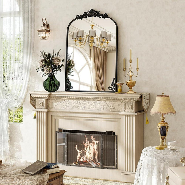 BEAUTYPEAK 24x36 Arched Mirror, Black Traditional Vintage Ornate Baroque Wall Mirror for Bathroom, Bedroom, Hallway, or Fireplace Decor