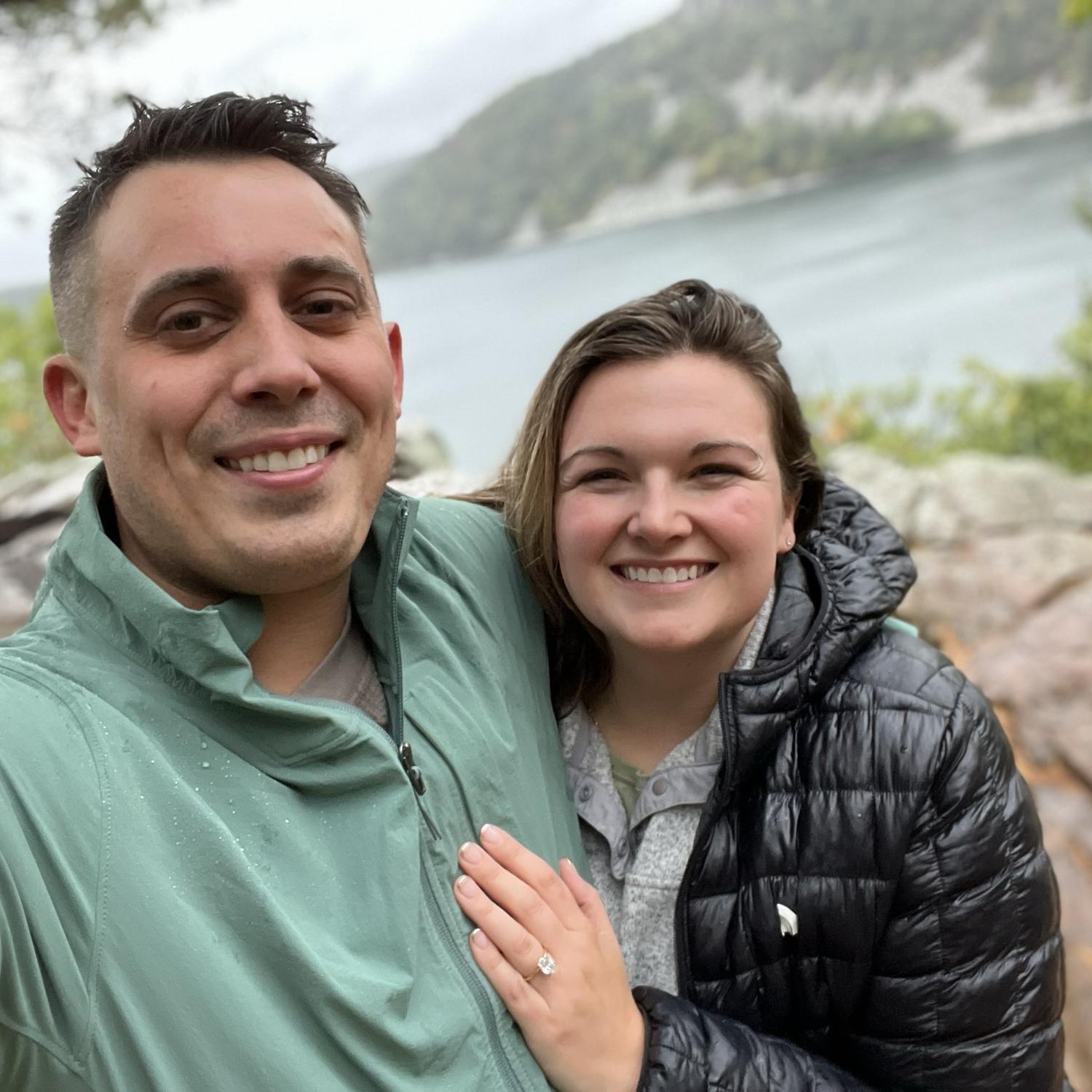The engagement! 
On a rainy hike at Devil's Lake with the park almost completely to ourselves