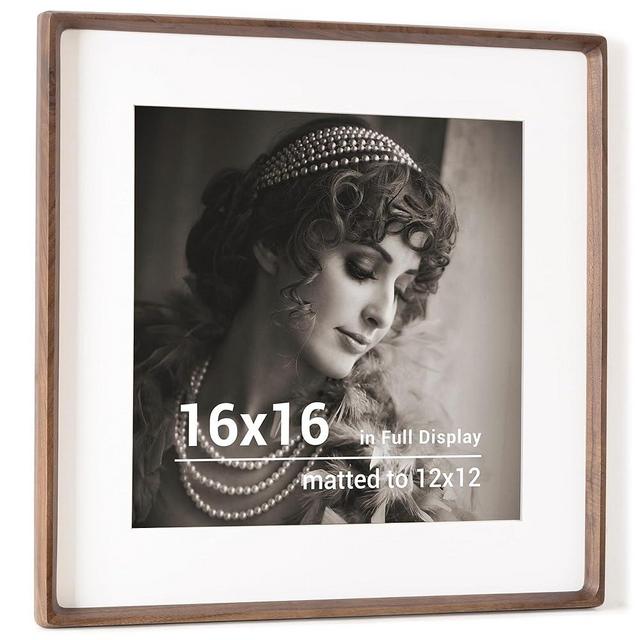 16x16 Picture Frame, USA-Sourced Walnut Wood Photo Frame with HD Tempered Glass, Handcrafted Rounded Corner 16 x 16 Wooden Frame Matted to 12x12 Photos, 16x16 frame, Tabletop or Wall Display