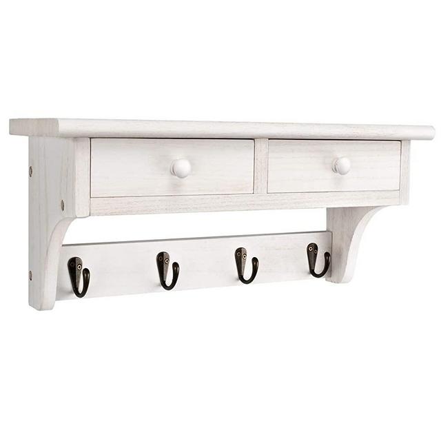 Emfogo Coat Hooks Wall Mounted, Rustic Wood Coat Rack Wall Mount Shelf with Hooks, Farmhouse Wall Coat Rack with Shelf & Vintage Coat Hook for Entryway, Mudroom, Bedroom, Kitchen, Bathroom (White)