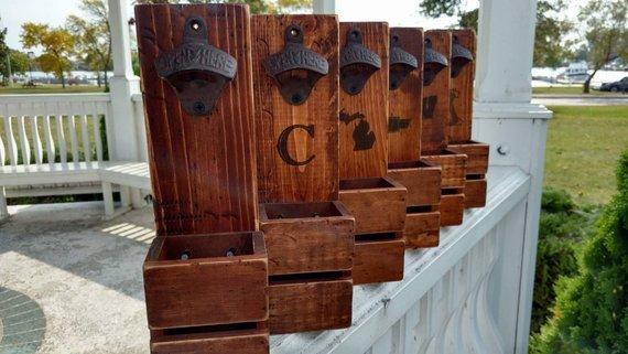 Rustic Wall Mount Opener with removable cap catcher FREE Personalization- Bottle Opener - Man Cave - wall mounted