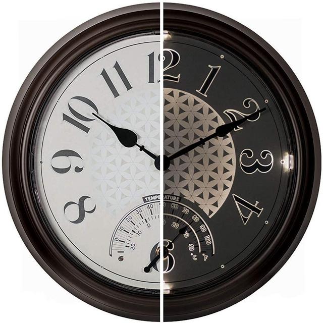 PresenTime & Co 14" Indoor/Outdoor Luminous Wall Clock with Thermometer, Quartz Movement- Oil Rubbed Bronze Finish, Bright Warm Light Farmhouse Series