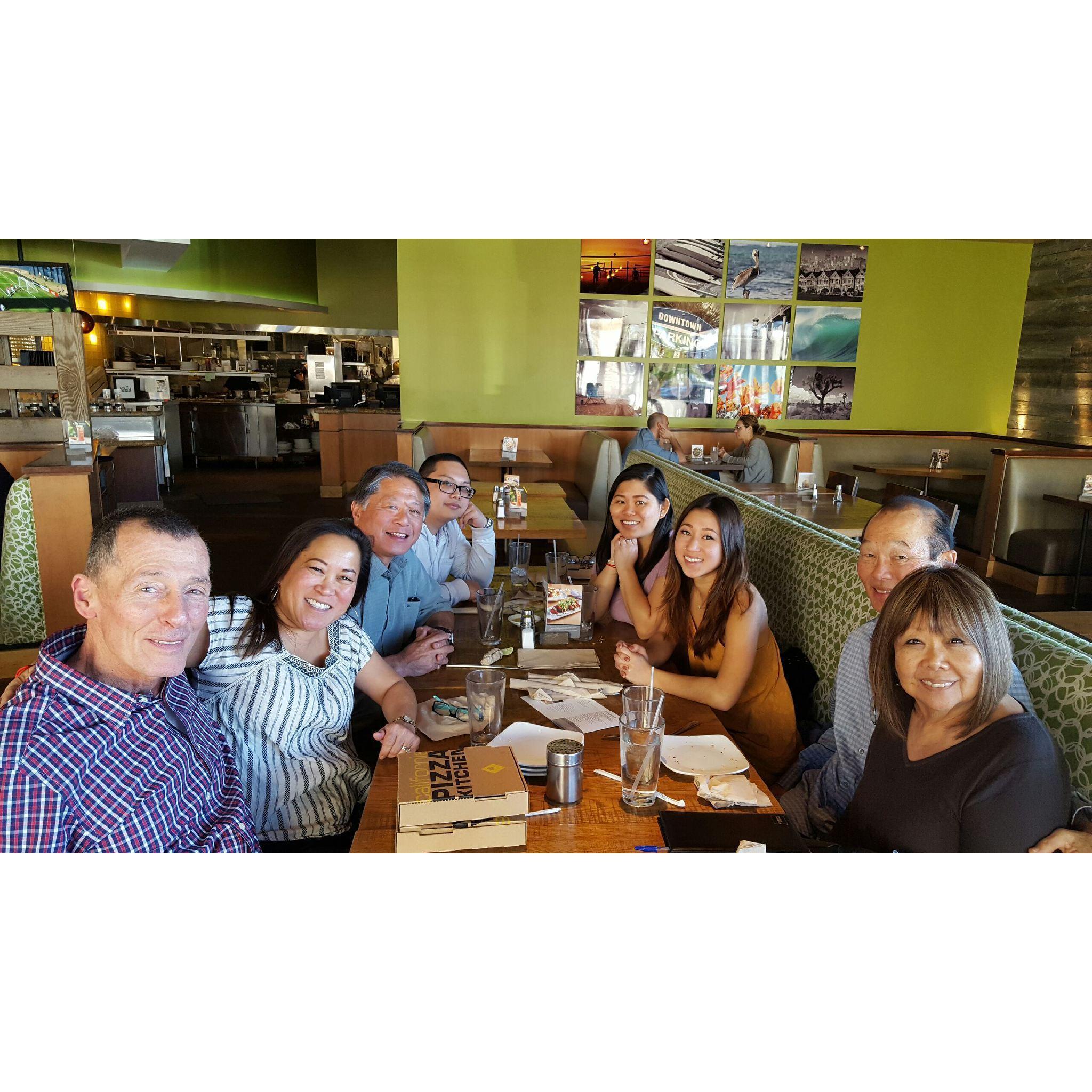 Jan, Kalia, Stan, Melia, Kelly, Kenny (aka Gree-pa), Ronnie, and Karen at their yearly luncheon and catchup at California Pizza Kitchen