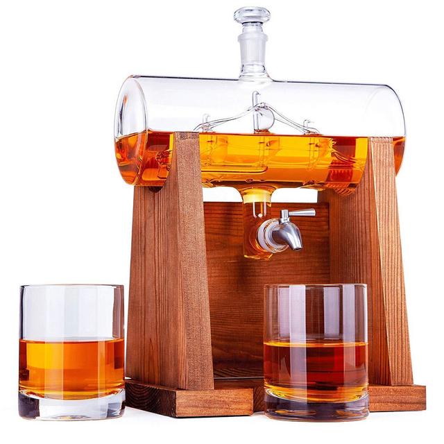 Jillmo Whiskey Decanter Set with 2 Glasses - 1250ml & 42 oz Lead Free Barrel Ship Dispenser with Detachable Wooden Holder Gift for Liquor, Scotch, Bourbon, Vodka, Whisky, Rum & Alcohol