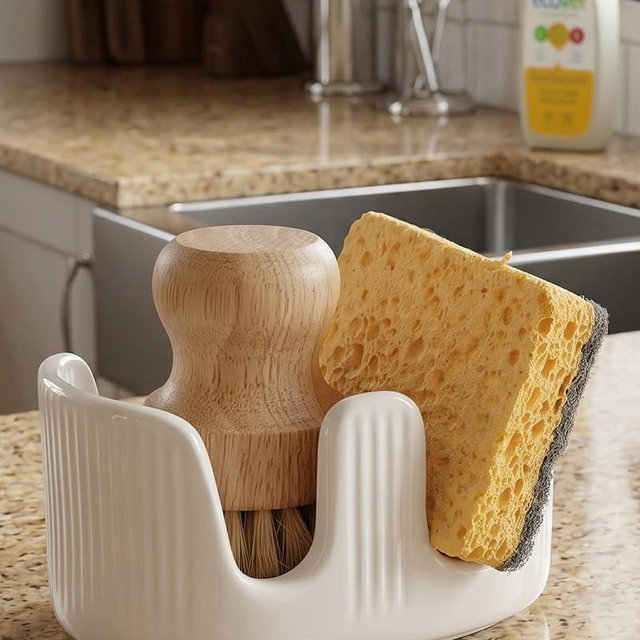 PREELELIVING Ceramic Sponge Holder, 2-Slot Dish Sponge Holder for Kitchen Sink, Keeps Sponges Dry & Countertop Clean, Rust-Free & Dishwasher Safe, Stylis Design, Dishwasher Safe, White