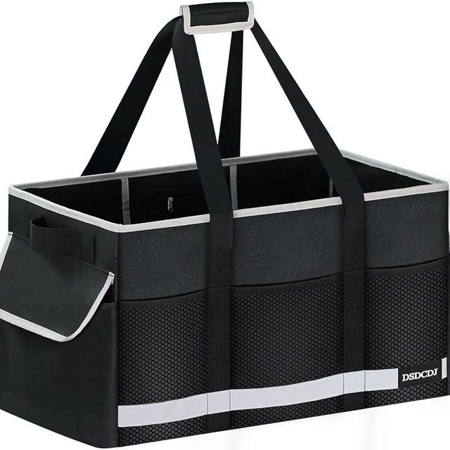 DSDCDJ Upgrade Extra Large Utility Tote Bag with Reflective Strip, Standing Reusable Grocery Bags with Hard Bottom, Collapsible Utility Tote with Handles for Shopping, Beach, Picnics, Car, Black