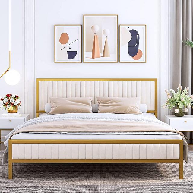 HIFIT King Size Bed Frame with Headboard and Footboard, Metal Platform Bed with Sturdy Wood Slats Support, No Box Spring Needed, Mustard Gold and Ivory White