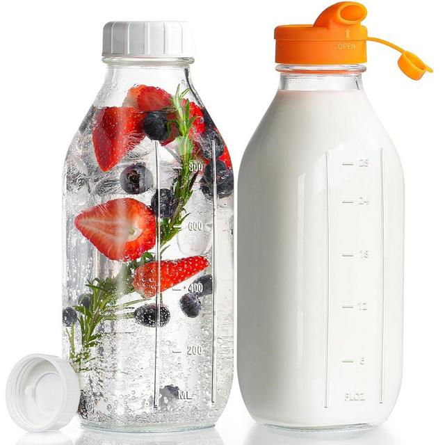 Dwbligt 32 oz Reusable Glass Milk Bottles with Silicone Dispenser Cap, 2 Pack Glass Jars with Airtight Screw Lid, Leak Proof Juice Bottles with Scale Mark Breastmilk Storage Container for Fridge