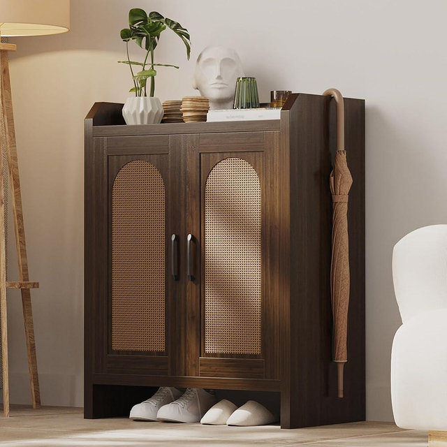 Mericonia Shoe Cabinet Storage for Entryway, Natural Rattan Storage Cabinet, Wooden Shoe Rack, Farmhouse Boho Wood Shoe Organizer Cabinet for Hallway Walnut