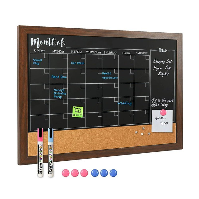 4 THOUGHT Chalkboard Calendar and Cork Board Combo, 24" x 36" Bulletin Combination Blackboard Monthly Planner Rustic Wood Frame 2 Liquid Markers 4 Pushpins for Office Home School