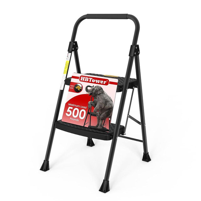 HBtower Step Ladder Sturdy, Heavy Duty Step Stool for Adults, Wide Anti-Slip Pedal Step Ladder Folding Step Stool for Home Kitchen Garage Outdoor (2 Step Ladder)