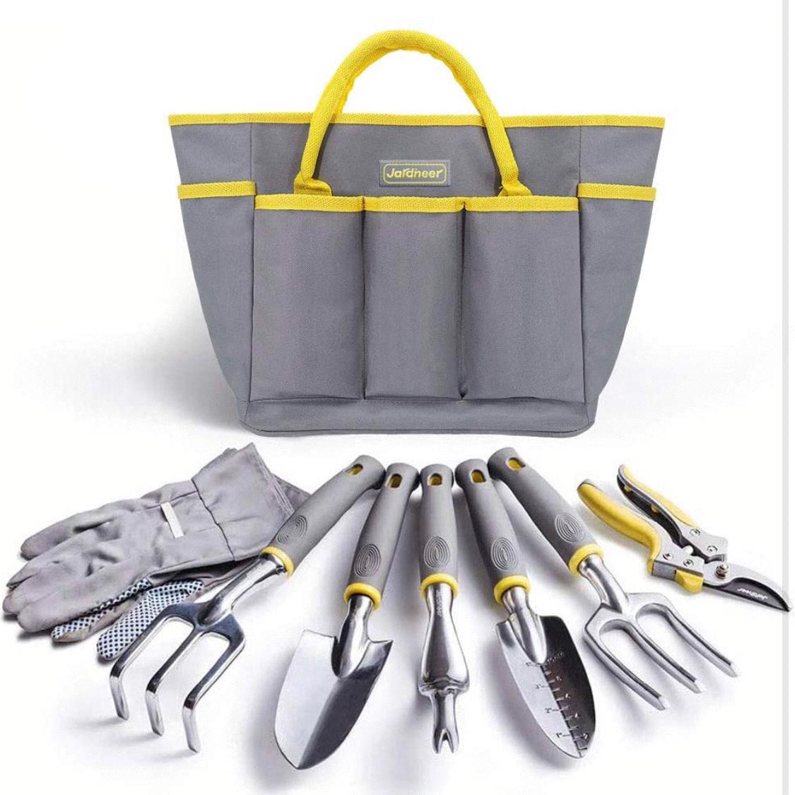Jardineer Garden Tools Set, 8PCS Heavy Duty Garden Tool Kit with Outdoor Hand Tools, Garden Gloves and Storage Tote Bag, Gardening Tools Gifts for Women and Men