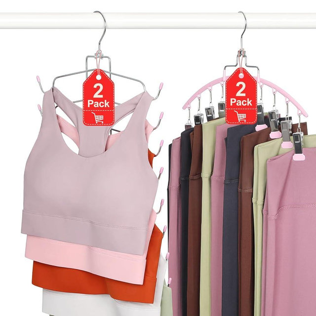 TOPIA HANGER 4 Pack Gym Clothes Organizer, 2 Pack Tank Top Hangers with 2 Pack Leggings Hangers Space Saving Hang 20 Sets Tank Top Bra with Leggings Shorts Pants for Closet Women Pink CT78P