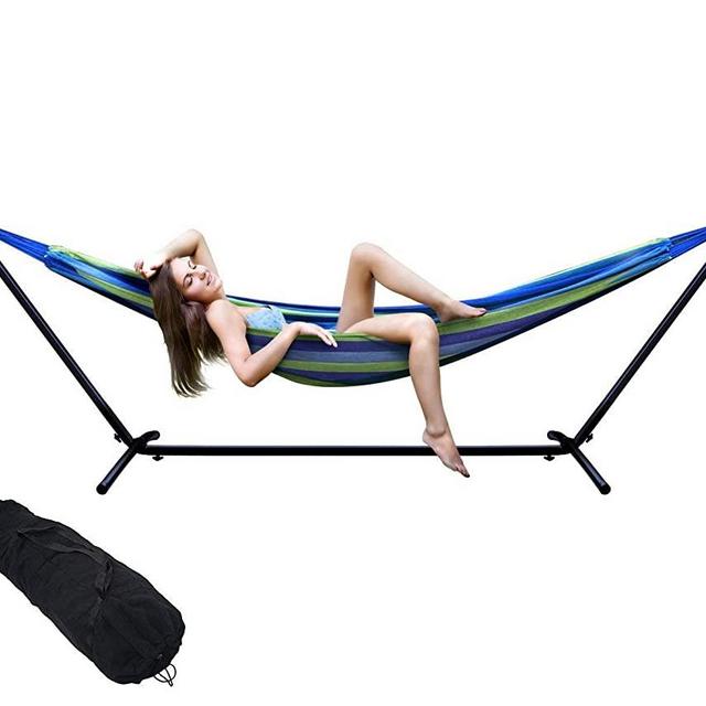 eZone Double Hammock Two Person Adjustable Hammock Bed with Space Saving Steel Stand Includes Portable Carrying Case, Easy Set Up