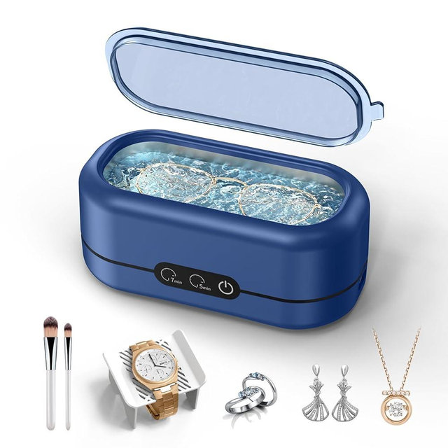 BYASKZIV Ultrasonic Jewelry Cleaner, Upgraded 48KHz Jewelry Cleaner Ultrasonic Machine with 304 Stainless Steel Tank for Eyeglasses, Rings, Watch Strap, Dentures, Dual Cleaning Modes - Dark Blue