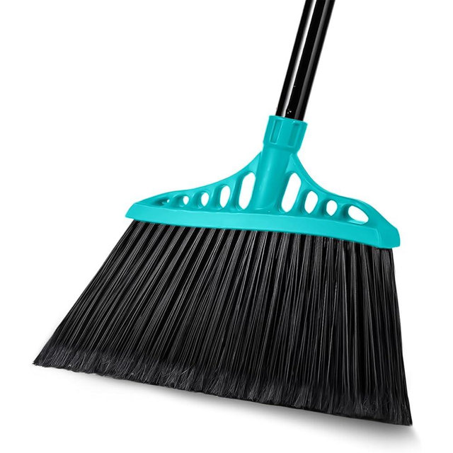 Tiumso Outdoor Broom for Floor Cleaning, Heavy Duty Brooms with 55" Long Handle, Angle Brooms for Concrete Courtyard Home Patio Kitchen Shop Lobby Patio Lawn - Blue