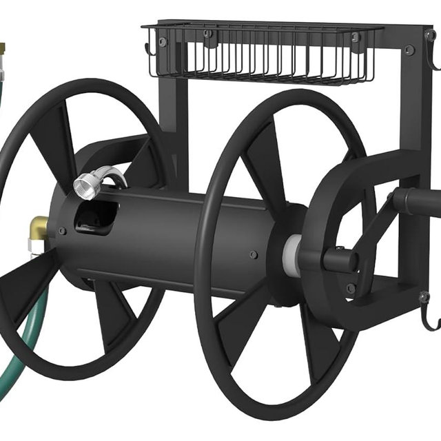 Artigarden Outdoor Wall Mounted Hose Reel with Hook, Garden Heavy-Duty Water Hose Holder Winder with 3.9 ft Leader Hose, Brass Fitting and Storage Basket for Yard, Holds 125 Ft of 5/8-Inch Hose, Black