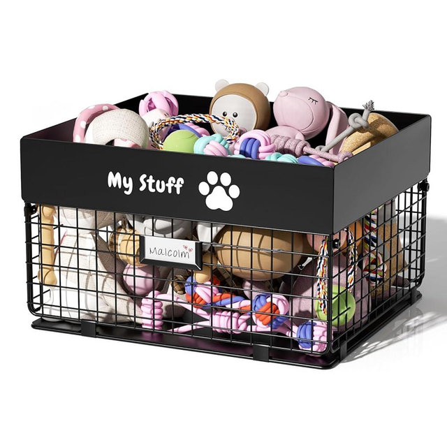 qeerable Dog Toy Basket - Metal Large Dog Toy Box for Small Dog - Dog Toy Storage Bin for Pet - Personalized Large Dog Toy Basket for Puppy and Pet- Dog Toy Organizer Holder Boxes for Living Room