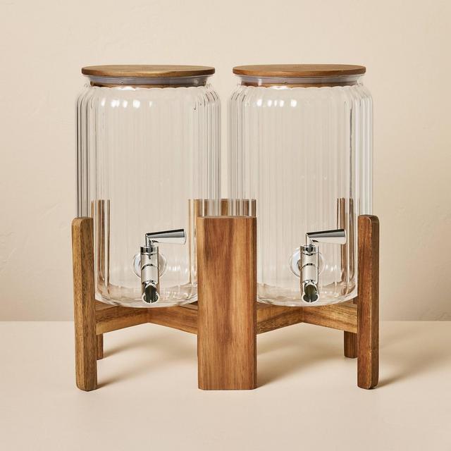 3gal Ribbed Plastic Double Beverage Dispenser with Wood Stand - Hearth & Hand™ with Magnolia