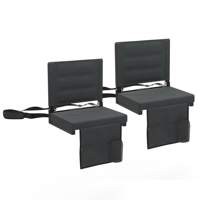 Skywalker Sports Foldable and Portable Stadium Seat, Cushion for Bleachers, Back Support, Drink Holder and Pocket, Carrying Strap, High Density Padding, Black, 2 Pack