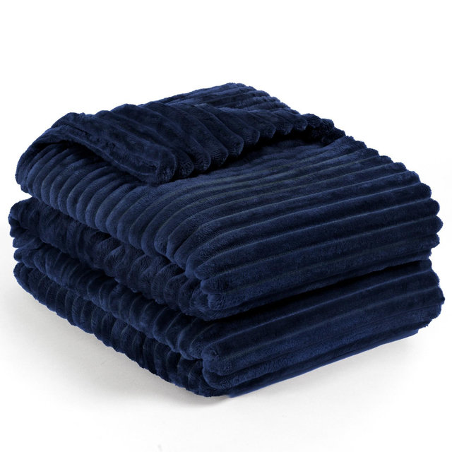 PAVILIA Super Soft Fleece Flannel Ribbed Striped Throw Blanket, Luxury Fuzzy Plush Warm Cozy for Sofa Couch Bed, Navy Blue/Twin - 60x80