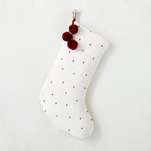 Rustic Star Stitched Poms Holiday Stocking Red/Cream - Hearth & Hand™ with Magnolia