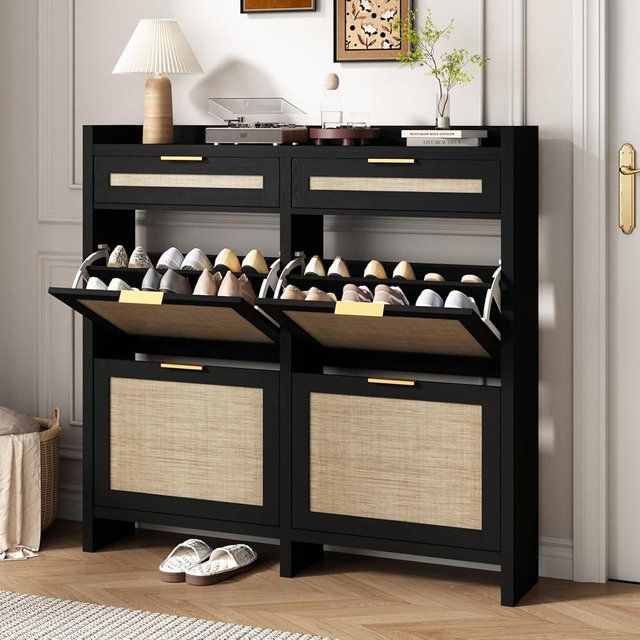 HOKYHOKY Large Rattan Shoe Storage Cabinet with 4 Flip Drawers & 2 Storage Drawers – Hidden Slim Shoe Organizer for Entryway, Large Tabletop Space, Farmhouse Boho Narrow Shoe Rack, Rustic Black